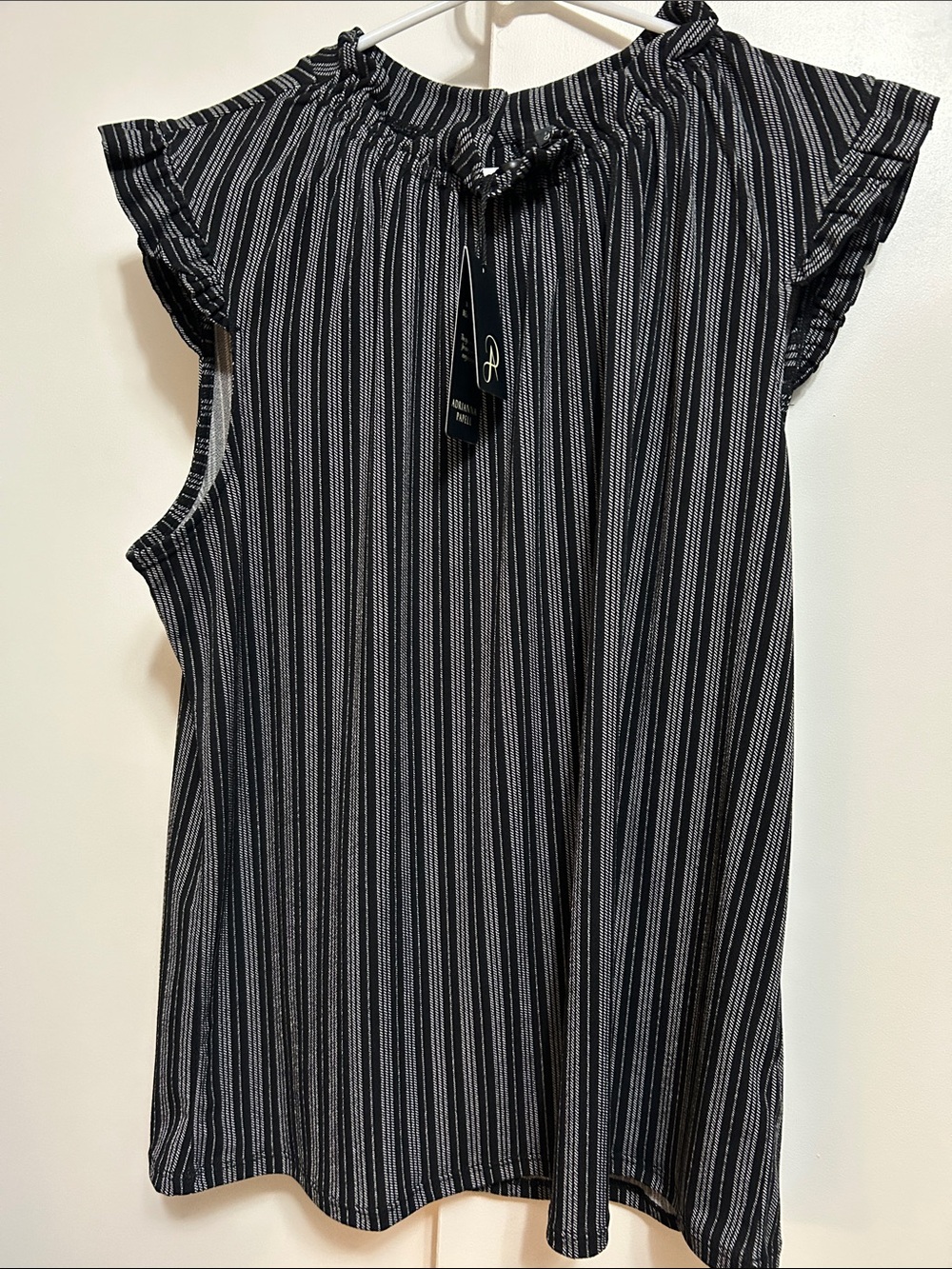 Adrianna Papell Black and White Striped Ruffle-Neck Sleeveless Top